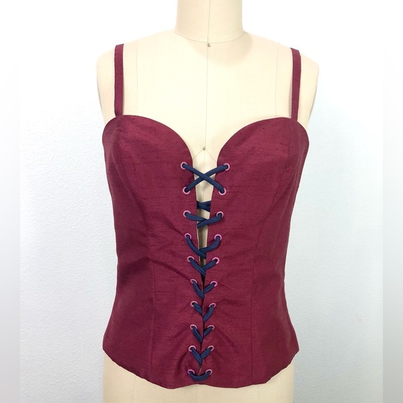 STAUD Lace Up Corset Style Silk Tank Top In Burgundy/Maroon Size M - Picture 2 of 10